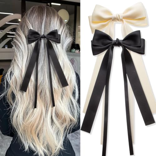 Seneeel Hair Bows 2 PCS, Ribbon Bow for Women - Hair Bows for Women, Hair Ribbons, Oversized Long-tail Cute Aesthetic Hair Accessories - Beige, Black - 11.8*5.1*0.7 Inches