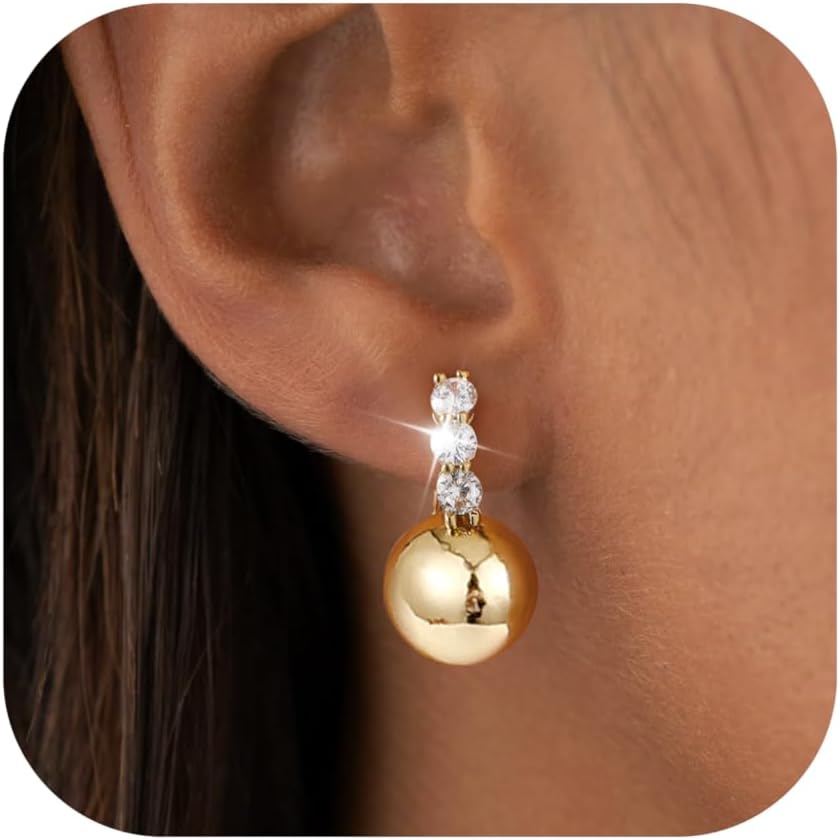 Kesaplan Gold Dangle Earrings for Women 14K Gold/Silver Plated Hypoallergenic Ball Drop Earrings 5A Cubic Zirconia Round Hoop Leverback Lightweight Fashion Jewelry
