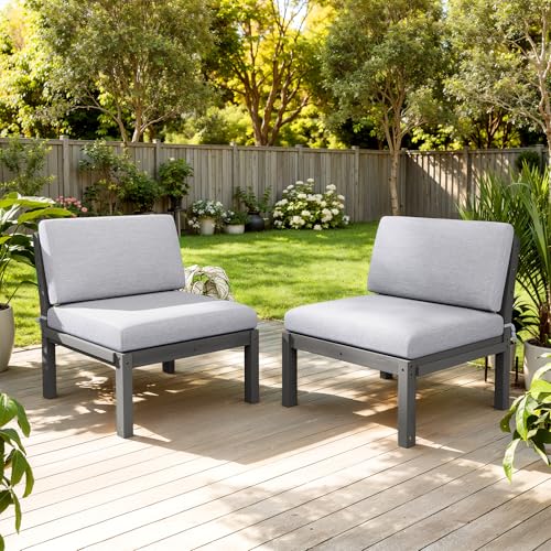 Image of Outdoor Patio Chairs Set of 2, HIPS Modular Sectional Seatings & Thick Cushions- Side Interlock Easy to Connect, Weatherproof Patio Furniture Set for Backyard, Deck, Poolside (Grey)