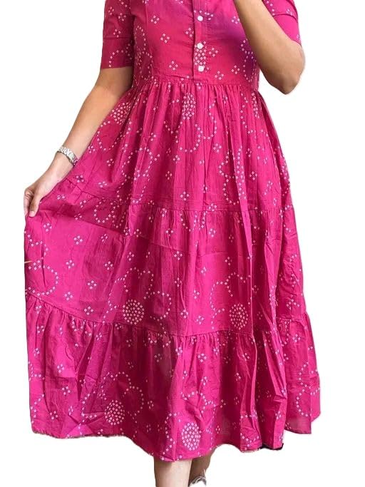 Image of Women's Rayon A-Line Midi Dress, Floral Print, Short Sleeves, Tiered Design, Round Neck, Summer Wear