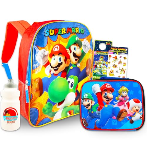 Super Mario Mochila com conjunto de lancheira – Pacote com mochila Mario, lancheira Mario, adesivos, garrafa de água, mais | Mochila Super Mario Bros para meninos