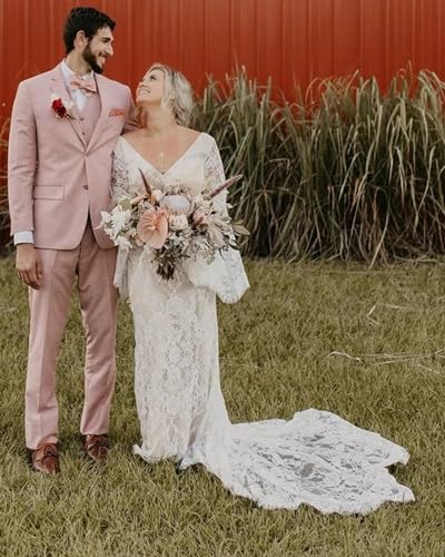 Flybridal Lace Boho Wedding Dresses For Bride Mermaid Long Bell Sleeves Backless Rustic V-Neck Bride Dress Wedding 12 #TOP5