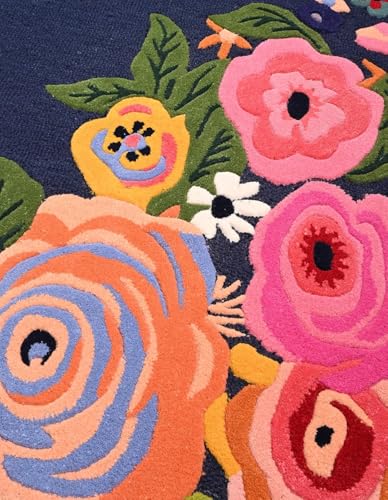 Image of Hand-Tufted Wool Large Carpet for Living Room 12x18 feet Blue Multicolor Floral Anti-Skid High Pile Thick Carpet & Rugs for Bedroom & Hall