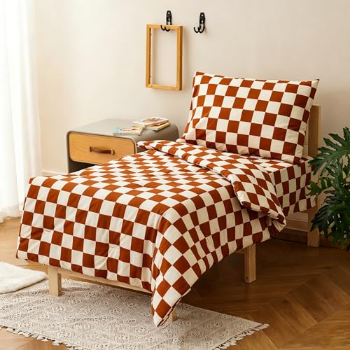 Image of Wellboo Pumpkin White Plaid Toddler Bedding Sets for Girls Boys Caramel and White Checkerboard Grid 4 Pieces Soft Crib Bed Set Including Comforter, Sheets and Pillowcase Kids Checkered Geometric Quilt