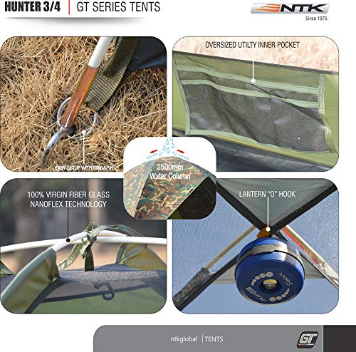 Ntk Hunter Gt | Outdoor Dome Woodland Camo Camping Tent 100% Waterproof 2500Mm, Easy Assembly, Durable Fabric Full Coverage Rainfly - Micro Mosquito Mesh #TOP4