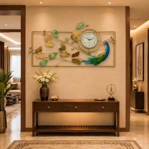 Image of SHREE 'O' GREEN TECH - Metal Peacock Wall Art Multicolor Floral Leaf Design Showpiece Handpainted Decorative Wall Hanging for Living Room Bedroom Office (42 x 22 Inch)
