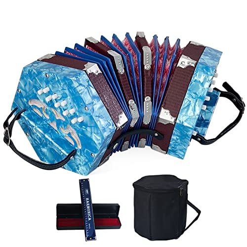 20 Buttons Accordion For Adults, Professional Accordion For Beginners, Adjustable Hand Strap, Musical Instrument Accessories With Carrying Bag, Harmonica, Wipe Cloth（Blue） #TOP5