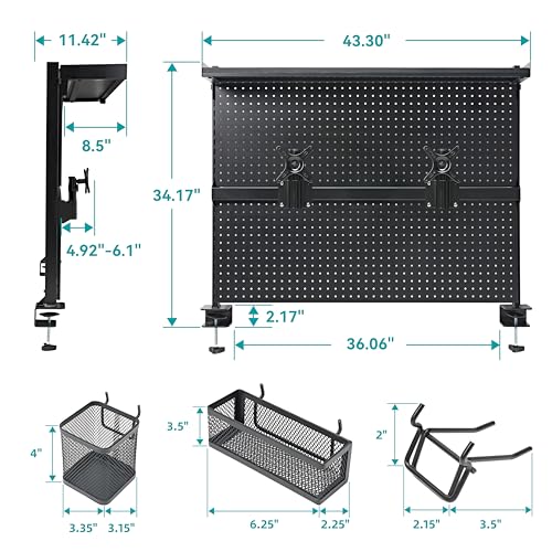 EUREKA ERGONOMIC Pegboard with Dual Monitor Stand,Steel Pegboard for Desk,Computer Accessories for Office, Privacy Panel for Gaming Desk, 4 Accessories Modular Hanging,43 x 34inch, Black