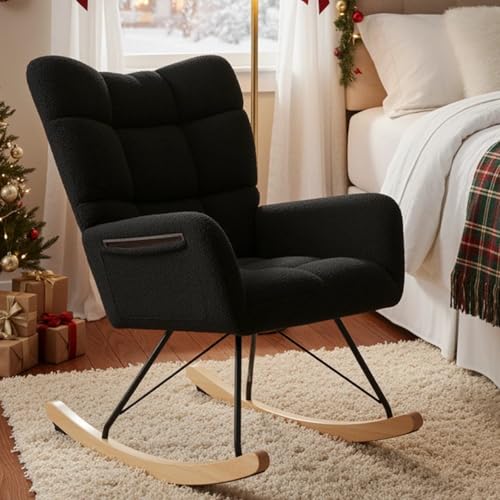 Clevich Schaukelstuhl Wohnzimmer, Schaukelsessel mit Teddystoff Gepolsterter, Holzkufen und Metallbeinen, für Wohnzimmer, Kinderzimmer, Schlafzimmer, Bis 136 kg Belastbar, Schwarz