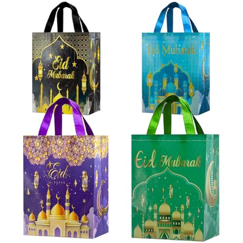 LAOREI 4 PCS Eid Mubarak Reusable Gift Bags-Ramadan Environmental Protection Party Bags Multifunctional Non-Woven Eid for Gifts Wrapping Ramadan Party Decorative shopping bag with Handles