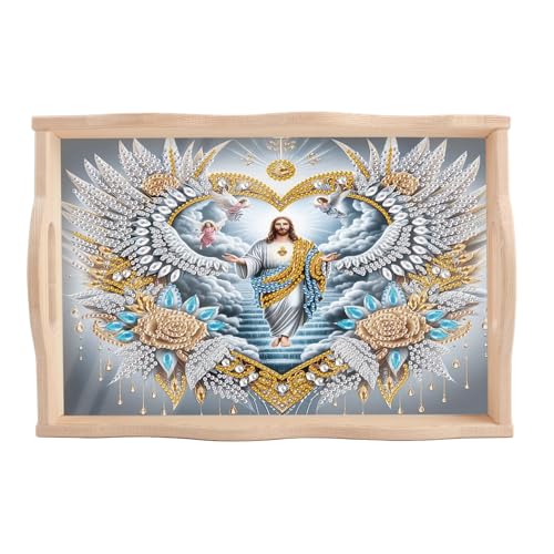Image of DIY Diamond Art Tray with Handle Diamond Art Painting Plate Creative Design Handmade Wooden Tray Mosaic Making Kits Religious Diamond Art for Coffee Living Room Home Organizer (Jesus Christ)