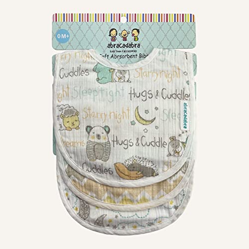 Image of abracadabra Muslin Bibs with Adjustable Snap Button Closure, Super Absorbent, Soft, Comfortable & Lightweight, Set of 3 - Sleepy Friends