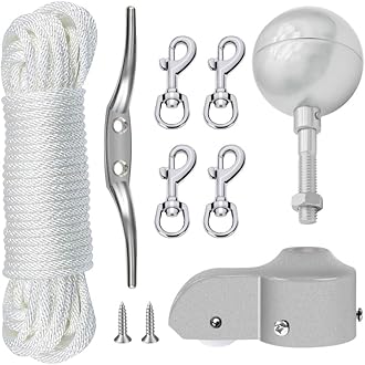 NQ Flagpole Hardware Repair Parts Kit,50 Feet Halyard Rope+3" Silver Ball+6" Zinc Alloy Cleat+4 Metal Swivel Snap Clips+Aluminum Alloy Flagpole Truck with Nylon Pulley for 1.6"-2" Flag Poles