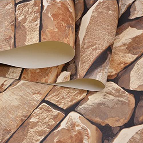 Papier peint pierre 3D intissé marron clair rétro 53 cm x 9,5 m