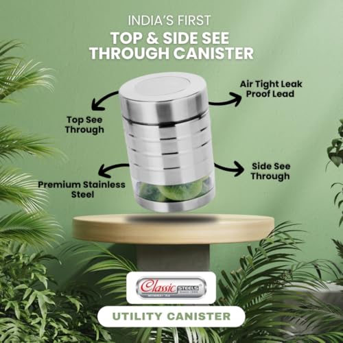 Image of Classic Steels Utility Canister Set of 2, 1000 ml | Airtight Stainless Steel Kitchen Storage Containers with See-Through Window & Top View Lid | Spices, Dry Fruits, Tea, Sugar | Mirror Finish Silver