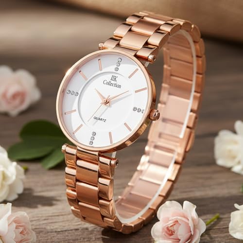IIK COLLECTION Watches Women Round Studded Dial, Analogue Quartz Movemnet Ladies Watch, Long Battery Life, Stainless Steel Adjustable Bracelet Chain Strap, Double Lock Clasp Safety Watches - White