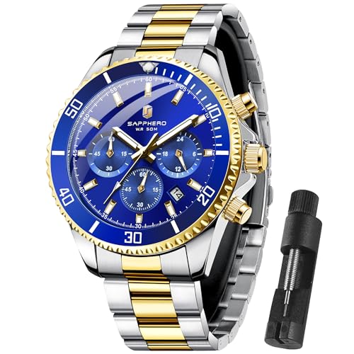 SAPPHERO Reloj Hombre Cronografo Analógico Movimiento de Cuarzo 50M Impermeable Relojes para Hombre Banda de Acero Inoxidable Clásico Casual Diseñador Relojes Elegante Regalo para Hombre