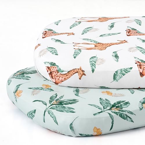 Image of Stretch Fitted Bassinet Sheet Set BROLEX 2 Pack Cradle Sheets for Bassinet Pad/Mattress,Unisex Boys Girls,Ultra Soft,Giraffe Leaf
