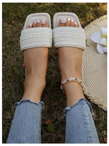 GORGLITTER Women's Pearls Sandals Rhinestone Flat Sandals Dressy Open Toe Slide Sandals4