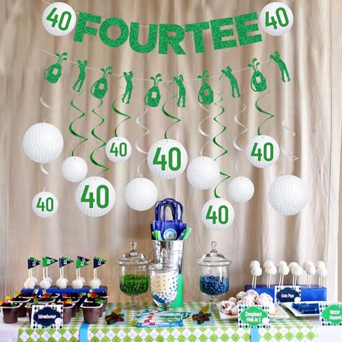 Image of Gameza 40th Birthday Party Decorations, 14PCS Golf Birthday Banner Hanging Swirls Decoration Women Men, Glitter Fourtee Theme Bday Party Decor Supplies