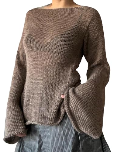 Image of CORIRESHA Women's Vintage Tie Back Bell Sleeves Boat Neck Casual Knitted Pullover Sweater