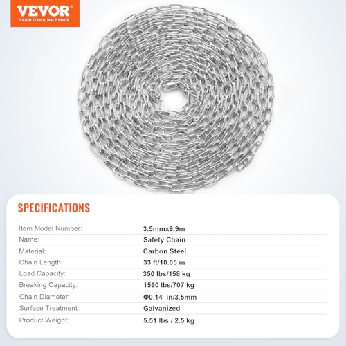VEVOR Proof Coil Chain, 1/8\" x 33\', 350 lbs Safe Working Load, Zinc Plated Proof Tested Coil Chain with Two Quick Links, Galvanized Carbon Steel Link Chain for Towing, Hanging, Camping, Pet Towing