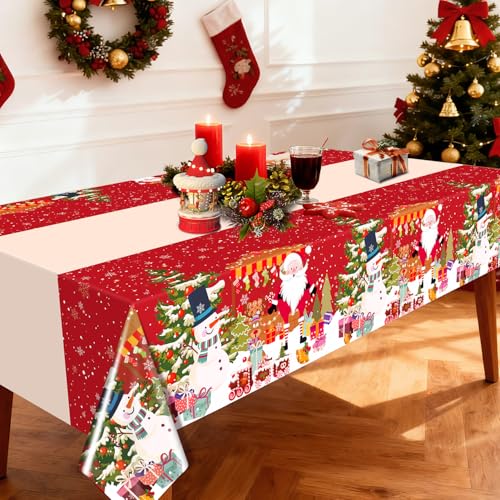 Christmas Tablecloth Disposable 3 Pack – 54 x 108 Inch Red Plastic Christmas Snowman Table Cloth for Rectangle Tables,Xmas Decor Holiday Party Supplies