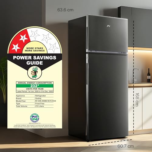 Image of Godrej 272 L 2 Star| 5 Years Comprehensive Warranty| New Launch| 4-In-1 Convertible| 95%+ Food Surface Disinfection| Inverter Double Door Refrigerator (RF EON 294BN RCIT FS ST, Fossil Steel)