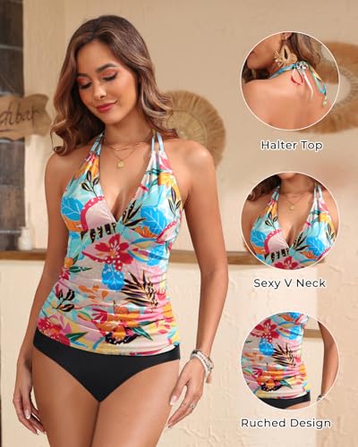 Image of Yonique Womens Two Piece Swimsuits Tummy Control Tankini Plus Size Bathing Suit Halter V Neck Swimwear