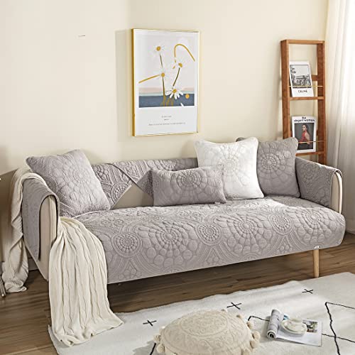 Xslive Cotton Quilted Sofa Cover Boho Circle Embroidered Sectional Couch Slipcover Solid Color Non Slip Sofa Slipcover Furniture Protector For Dogs, Pets, Children (Light Grey,35"X82") #TOP12