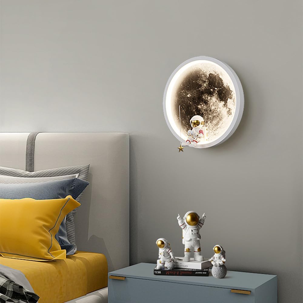 Lampa ścienna LED 3D z motywem astronauta, planety i księżyca, dekoracyjna lampa do pokoju dziecięcego (biała)