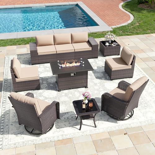 Image of 10 PCS Outdoor Patio Furniture Set,Outdoor Sectional Furniture with 43 inch 55000 BTU Gas Propane Fire Pit Table,All Weather PE Rattan Wicker Patio Conversation Set,Swivel Rocking Chairs Set,Sand