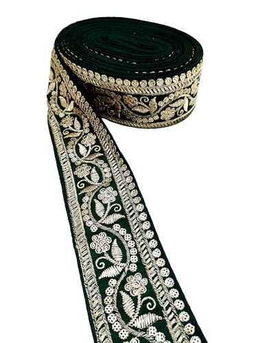 Image of Embroidery Gold Work with Sequence Design Lace Border Falls for Saree, Kurti, Dresses, Bandhani, Lehenga, Decorative Ribbon (6.5 cm Width) (6 Meter, Green)