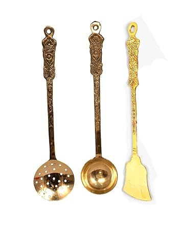 Bona Fide Pure Brass Spoon for Serving Cooking and Serving Spoon | Heavy Guage Brass Rice Spoon Diameter 14 inch,1 karchi,golchi Spoon,1 Rice Spoon,and 1 Flat Spoon Set of 3