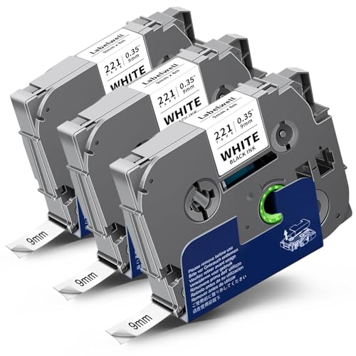 Labelwell TZe-221 Tape 9mm 0.35 Laminated White Compatible for TZe221 TZ221 Tape Refills for P Touch PT-H110 D200 D210 D220 D400 D600 PT-1890 Label Maker (Black on White 3-Pack)