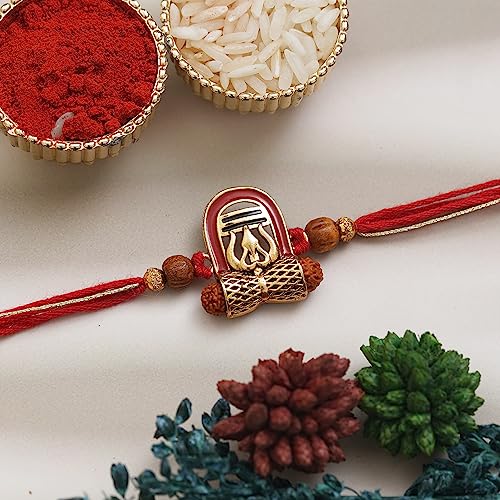 Image of eCraftIndia Red, Brown, and Golden Lord Shiva Shivling, Trishul, Damru, and Rudraksha Religious Designer Rakhi, Best Bro Ever Fridge Magnet and Roli Chawal Pack - Rakhi for Brother, Bhaiya, Bhai