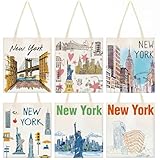 Paterr 6 Pcs Canvas Tote Bag Watercolor Souvenir Gift Souvenir Women Travel Gifts Grocery Shopping Bag Party Favors(New York Style)