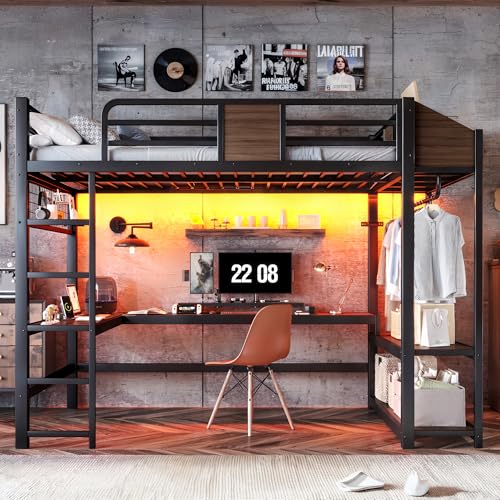 Image of Bellemave Full Size Metal Loft Bed with L-Shaped Desk, LED Lights & Charging Station, Heavy Duty Loft Bed Frame with Hanging Rod and Storage Shelves for Kids, Teens & Adults, Space Saving,Black