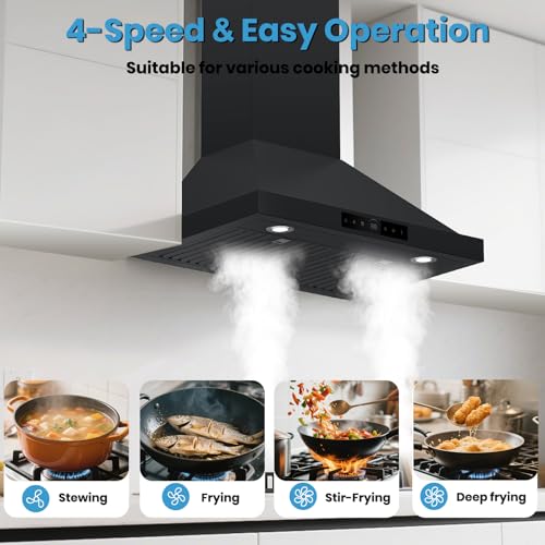 30 Inch Wall Mount Range Hood 1200CFM, 4-Speed Smart Wall Mount Range Hood with Touch Sensor & Remote, Dual LED Lights, Baffle Filters Ducted/Ductless Convertible Black Pro Series