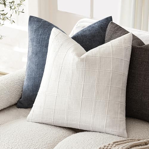 Image of Foindtower Set of 1 Decorative Linen Check Throw Pillow Cover Neutral Farmhouse Vintage Cushion Cover Modern Boho Home Decor for Sofa Chair Couch Bedroom Living Room,22x22 Inch,Cream White