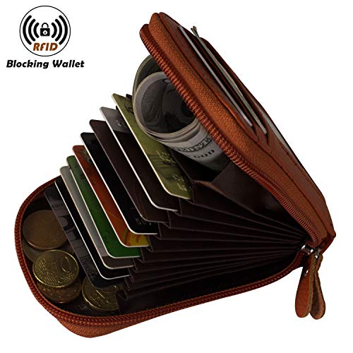 Image of Credit Card Case Organizer Genuine Leather Zip-Around Security Wallet Brown