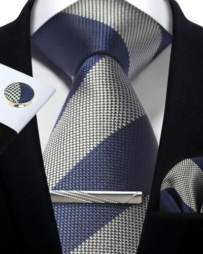 Image of Striped Plaid Polka Dot Mens Tie Formal Necktie Pocket Squares Ties Clips Cufflinks Classic for Men Set