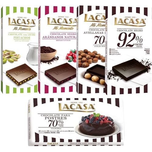 Pack Lacasa 5 deliciosas tabletas de chocolate de distintos sabores y tamaños: arandanos ,leche pistacho 90g ,cacao 92% ,culinaria200g, avellana 200g