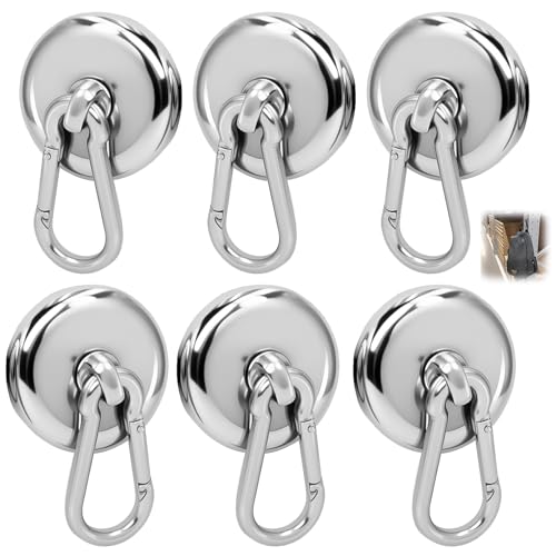 OIHCAZ 6 Pack Magnetic Hooks Heavy Duty, 32lbs/14.5kg Magnetic Hooks for Cruise Cabins Refrigerator Garage Camping Hanging, 20mm Neodymium Magnet with 360° Swivel Carabiner Hook