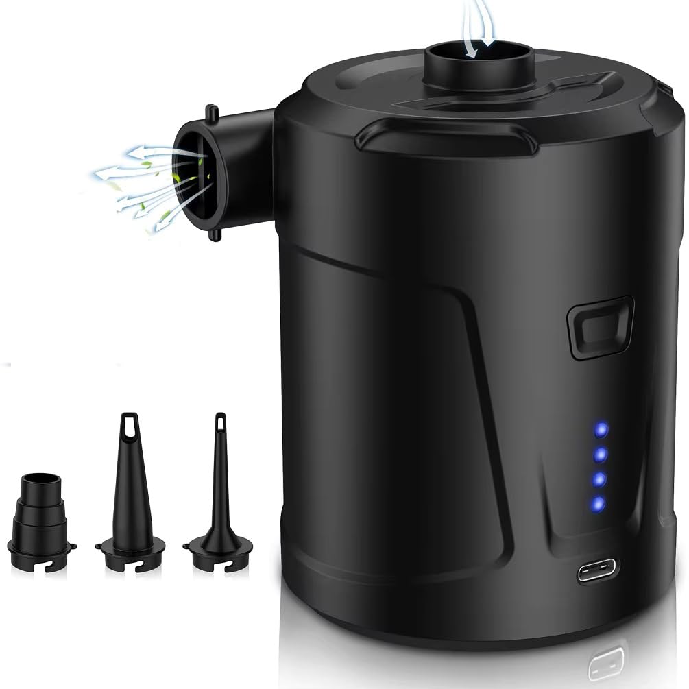 FAVIAN Pompa Elettrica Portatile da campeggio Rapida 5200 mAh – Ricaricabile USB-C – 3,5 Bar – Compatta e Leggera con 3 Ugelli per Materassi, Piscine e gonfiabili