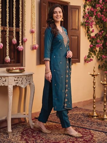 Image of INDO ERA Women's Silk Blend Embroidered Thread Work Kurta & Pant with Dupatta Set | Suit Set For Women