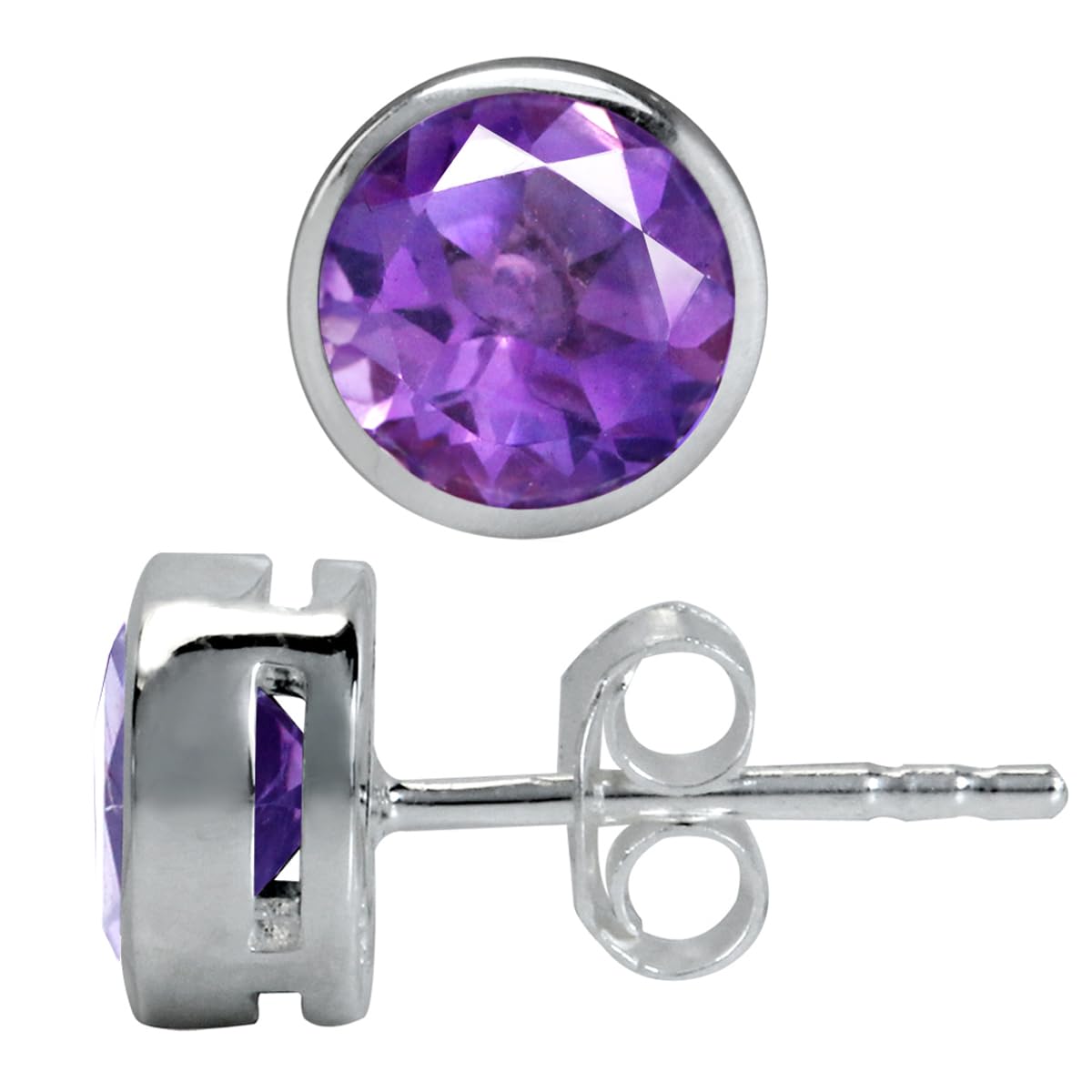 Silvershake 6MM Round Shape Bazel Set Birthstone Gemstone 925 Sterling Silver Stud Post Earrings Jewelry for Business Women or Teens