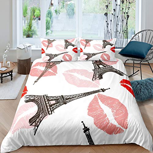 Homemissing Paris Parure De Lit 200x200cm Tour Eiffel Sexy Lip Print Housse De Couette pour Filles...
