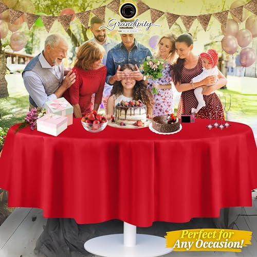 Image of Grandipity 24 Pack Premium Disposable Plastic Tablecloth 84 inch Inch Decorative Round Table Cover - Red