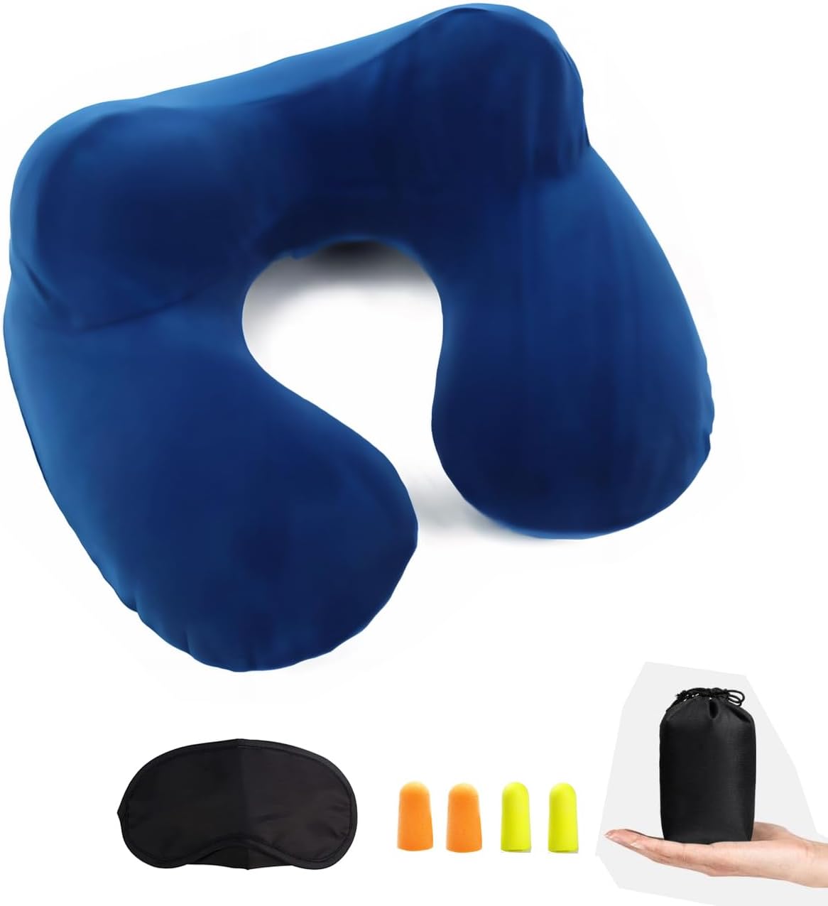 Oreiller de Voyage Gonflable avec Vanne,Coussin de Cou Gonflable de Velours Doux avec Bouchon d’oreille et Masque pour Les Yeux (Bleu)